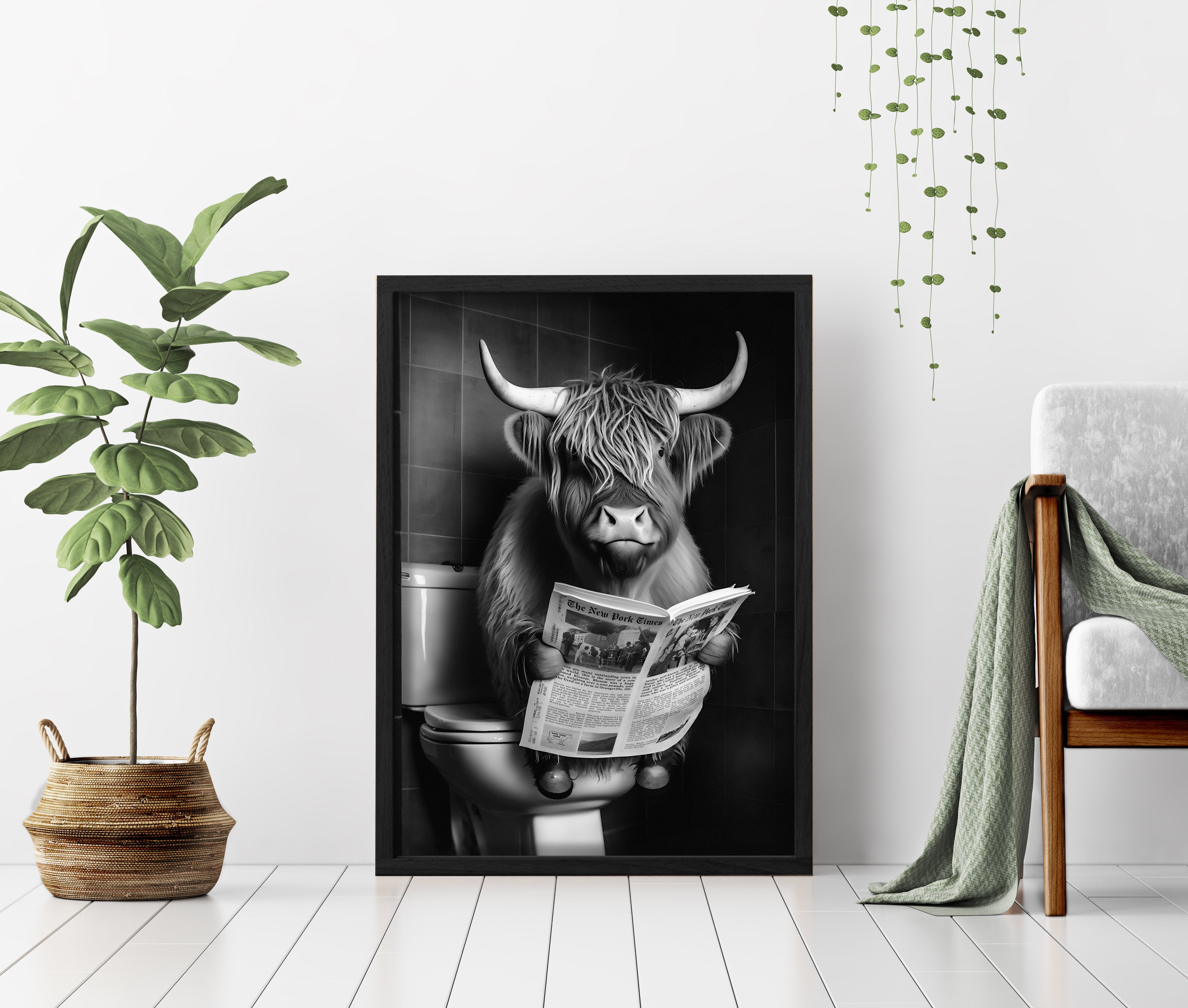 Cute Highland Cow Sitting on Toilet - Premium Floating Frame Wrapped C ...