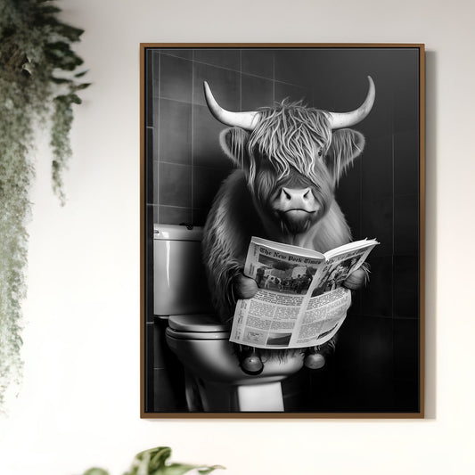 Cute Highland Cow Sitting on Toilet - Premium Floating Frame Wrapped Canvas