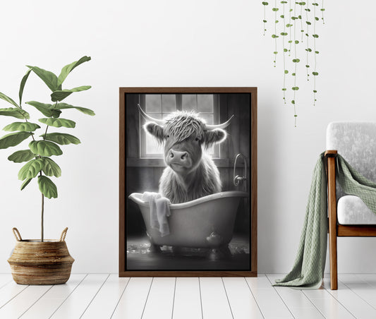 Cute and Funny Highland Cow Enjoying a Bubble Bath - Black and White Premium Floating Frame Canvas Wall Art Print