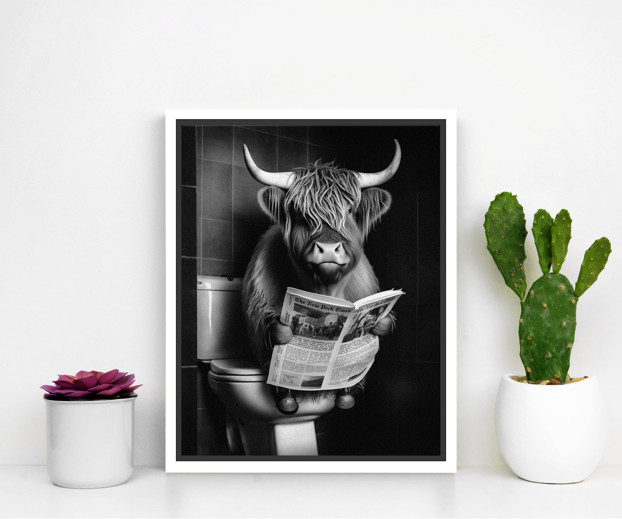 Cute Highland Cow Sitting on Toilet - Premium Floating Frame Wrapped C ...