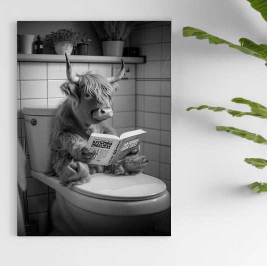 Whimsical Highland Cow on Toilet Reading a Book - 1.5inch Wrapped Canvas Print  - The Science and Ethics of Bathroom Door Locks