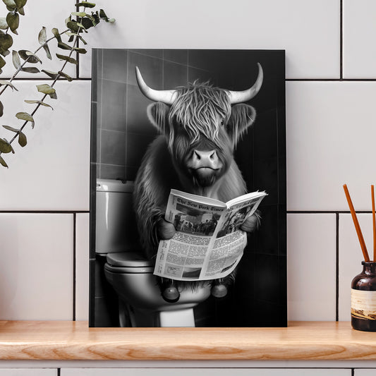 Cute and Funny Highland Cow on Toilet - Black and White 1.5 Inch Depth Wrapped Canvas Wall Art Print