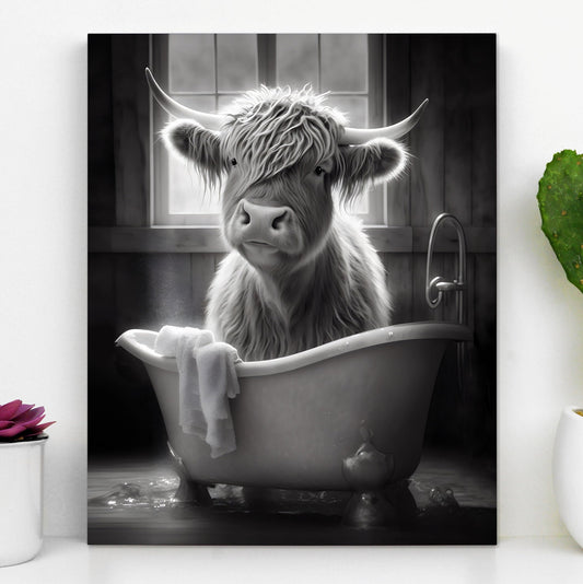 Cute and Funny Highland Cow Enjoying a Bubble Bath - Black and White 1.5 Inch Depth Wrapped Canvas Wall Art Print